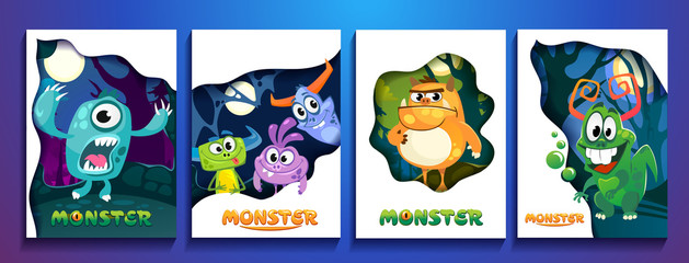 Set of cute colorful monster cards. Cartoon monsters posters for party invitation, copybooks, prints etc. © Microstocker.Pro