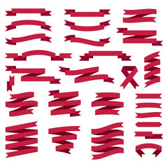 Big set of flat ribbons isolated on white background. Red ribbons for web design, flyers, packaging etc.