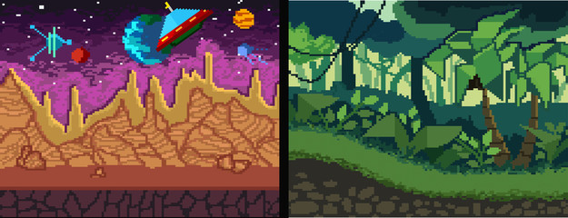 Pixel art backgrounds set. Pixel Jungle and space theme for games, posters, videos etc. Vector illustration.