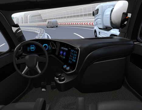 View from self-driving truck interior on highway. 3D rendering image.
