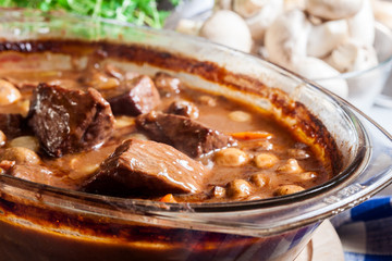 Beef Bourguignon stew in a casserole dish