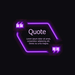 Vector Purple Quotation Frame, Design Element Template Glowing on Dark Background, Isolated.