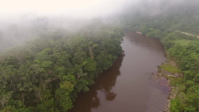 Flying over Rio Nangaritza, a blackwater river flowing through tropical rainforest in the Cordillera del Condor, southern Ecuador