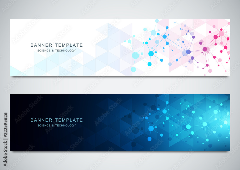 Poster Vector banners design for medicine, science and digital technology. Molecular structure background and communication with connected lines and dots.