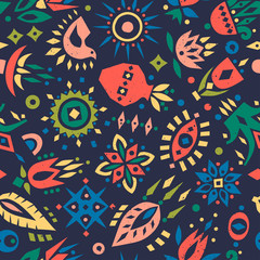 Naklejka premium Vector seamless pattern of colorful cut out flowers and geometric shapes on a dark background.