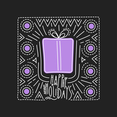 Vector line art square greeting card with gift box and lettering "Happy Holidays" on a black background.