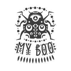 Vector illustration with black and white ladybug and lettering "My boo".