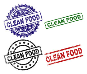 CLEAN FOOD seal prints with corroded style. Black, green,red,blue vector rubber prints of CLEAN FOOD tag with dirty texture. Rubber seals with circle, rectangle, rosette shapes.