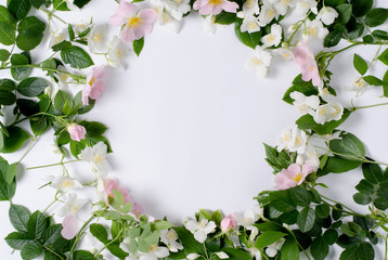 Background of tea roses and jasmine flowers. Spring seasonal background. Flat lay template.