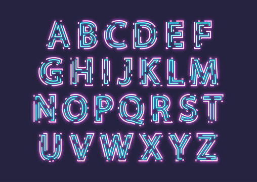 Neon uppercase blue alphabet made of intermittent luminous contour.
