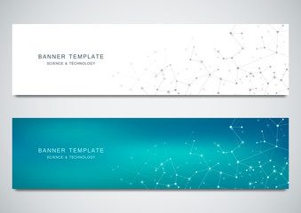 Vector banners design for medicine, science and digital technology. Molecular structure background and communication with connected lines and dots.
