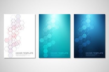 Vector covers or brochure for medicine, science and digital technology. Geometric abstract background with hexagons pattern. Molecular structure and chemical compounds.