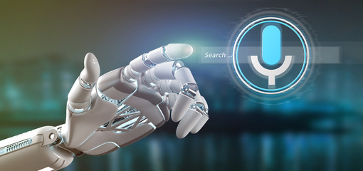 Cyborg hand holding a ocal search system with button and icon 3d rendering