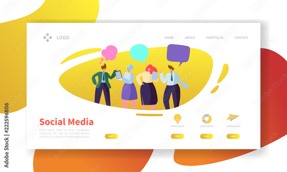 Aufkleber social media landing page template. website layout with flat people characters communicating. easy t