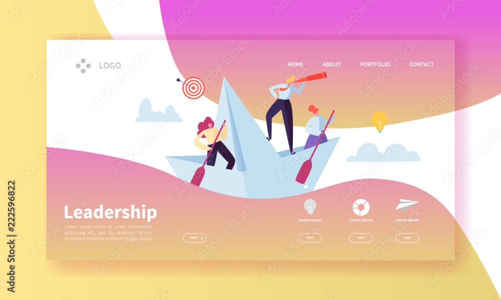 Poster leadership concept landing page template. website layout with flat people characters with spyglass o