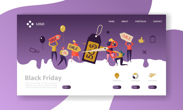 Black Friday Landing Page Template. Seasonal Discount Website Layout with Flat People Characters on Shopping. Easy to Edit and Customize Mobile Web Site. Vector illustration