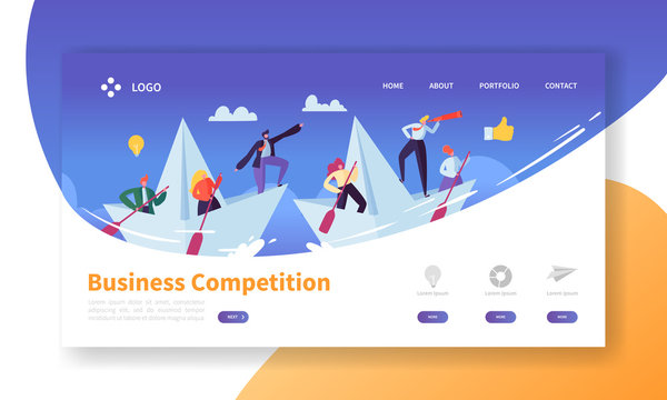 Business Challenge Concept Landing Page Template. Website Layout with Flat People Characters with Spyglass on Paper Boats. Easy to Edit and Customize Mobile Web Site. Vector illustration
