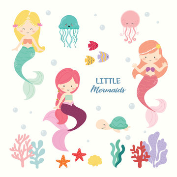  Set of cute mermaids vector.