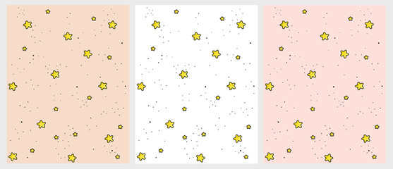 Set of Cute Hand Drawn Irregular Stars Vector Patterns.Yellow Stars with Black Outline and Black Dots Among Them. White, Pink and Salmon Background. Lovely Bright Infantile Design. 