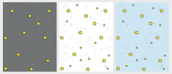 Set of Cute Hand Drawn Irregular Stars Vector Patterns.Yellow Stars with Black Outline and Black Dots Among Them. White, Blue and Dark Gray Background. Lovely Infantile Design.