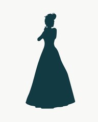 Sexy woman silhouette in evening dress. Queen or princess rise her hands to face. Mohawk hair style.