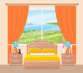 Hotel room with ocean sea landscape view window and tropic palms. Vector. Bedroom interior with double bed. Modern home space with furniture. Cartoon illustration. Flat design background of hotel room