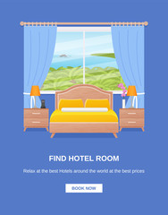 Hotel room banner. Vector. Template flyer bedroom interior, ocean sea landscape view window, bed. Flat design background hotel room brochure, sale, advertising, infographic, text. Cartoon illustration