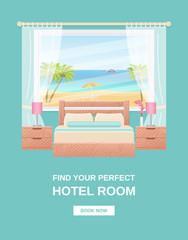 Hotel room banner. Vector. Template flyer bedroom interior, ocean sea landscape view window, bed. Cartoon illustration. Flat design background hotel room brochure, sale, advertising, infographic, text