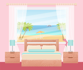 Hotel room with ocean sea landscape view window. Vector. Bedroom interior with double bed. Flat design background hotel room. Modern home space with furniture. Cartoon illustration in pink, turquoise.