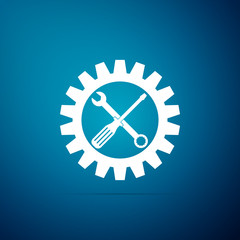Maintenance symbol - screwdriver, spanner and cogwheel icon isolated on blue background. Service tool symbol. Setting icon. Flat design. Vector Illustration