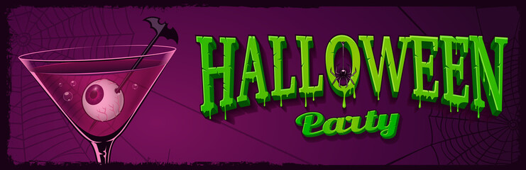 Halloween horizontal banner with illustration of cocktail with eyes inside.