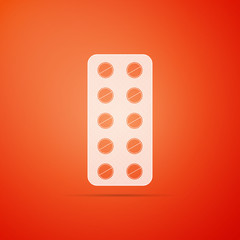 Pills in blister pack icon isolated on orange background. Medical drug package for tablet: vitamin, antibiotic, aspirin. Flat design. Vector Illustration