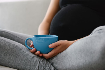 Beautiful young pregnant woman posing with cup of tea