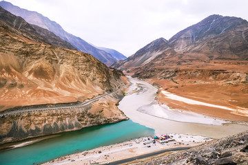 Confluence of river Zanskar (left) and Indus (right) is considered as one of the most beautiful in Leh , Ladakh India.