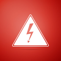 High voltage sign icon isolated on red background. Danger symbol. Arrow in triangle. Warning icon. Flat design. Vector Illustration