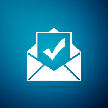 Envelope with document and check mark icon isolated on blue background. Successful e-mail delivery, email delivery confirmation, successful verification concepts. Flat design. Vector Illustration