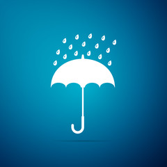 Umbrella and rain drops icon isolated on blue background. Flat design. Vector Illustration