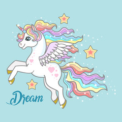 Dream. Cartoon, small, rainbow unicorn amongst stars on a blue background.Vector © Zerlina