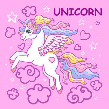 Cartoon, rainbow unicorn among stars and clouds on a pink background. For the design of prints, posters, etc. Vector