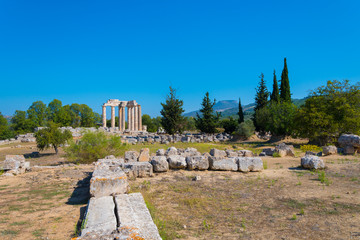 Temple of Zeus at archaeological site of Nemea in Greece. It was built around 330 BC to serve the needs of the Nemian festival and games. It has three architectural styles, doric, ionic and corinthian