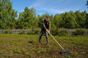 A young gardener in the garden removes the beveled grass with a rake on a wooden fence and forest...