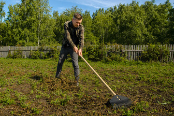 A young gardener in the garden removes the beveled grass with a rake on a wooden fence and forest...