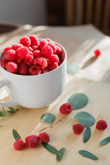 Raspberries in a big white cup. Morning in the kitchen