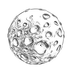Hand drawn sketch of moon planet in black isolated on white background. Detailed vintage style drawing. Vector illustration