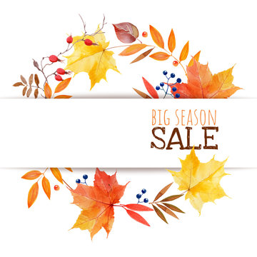 Watercolor autumnal leaves and plants banner. Autumnal sale design template