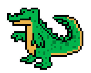 Naklejka premium Pixel art krokodyl postać na białym tle. Ikona zwierząt dzikiej przyrody / zoo / parku narodowego / safari. Śliczne 8-bitowe logo aligatora. Retro vintage 80s; Grafika na automatach / grach wideo z lat 90.