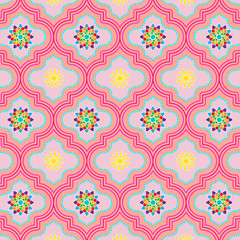 Beautiful soft pink decorated Moroccan seamless pattern with colorful floral designs for textile, fabric, backgrounds, decoration, wallpaper, backdrop & templates. pattern swatch included at eps.file