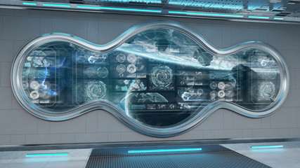 White spaceship interior with control panel digital screens 3D rendering