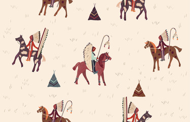 Seamless ethnic pattern. Background in navajo style. Indian horsemen on a beige background - obrazy, fototapety, plakaty