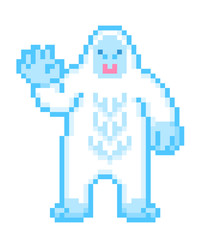 Big white hairy yeti waving his hand, pixel art character isolated on white background. Legendary monster. Folklore character. Snowman mascot. Retro vintage 80s; 90s slot machine/video game graphics.